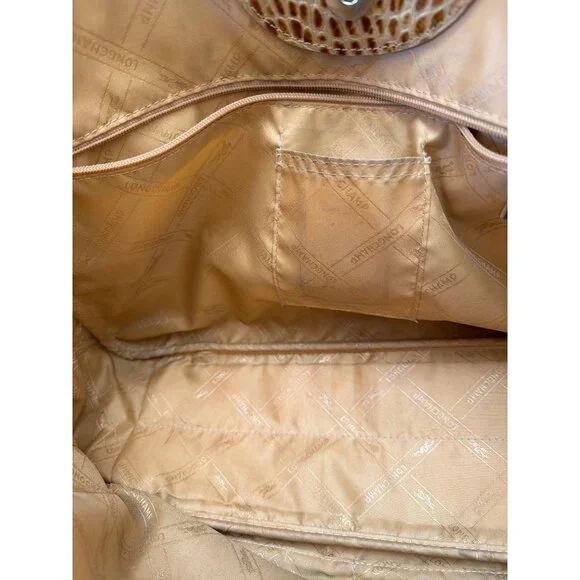 Longchamp Tan Croc-Embossed Roseau Leather Tote Handbag With Silver Toggle Closu